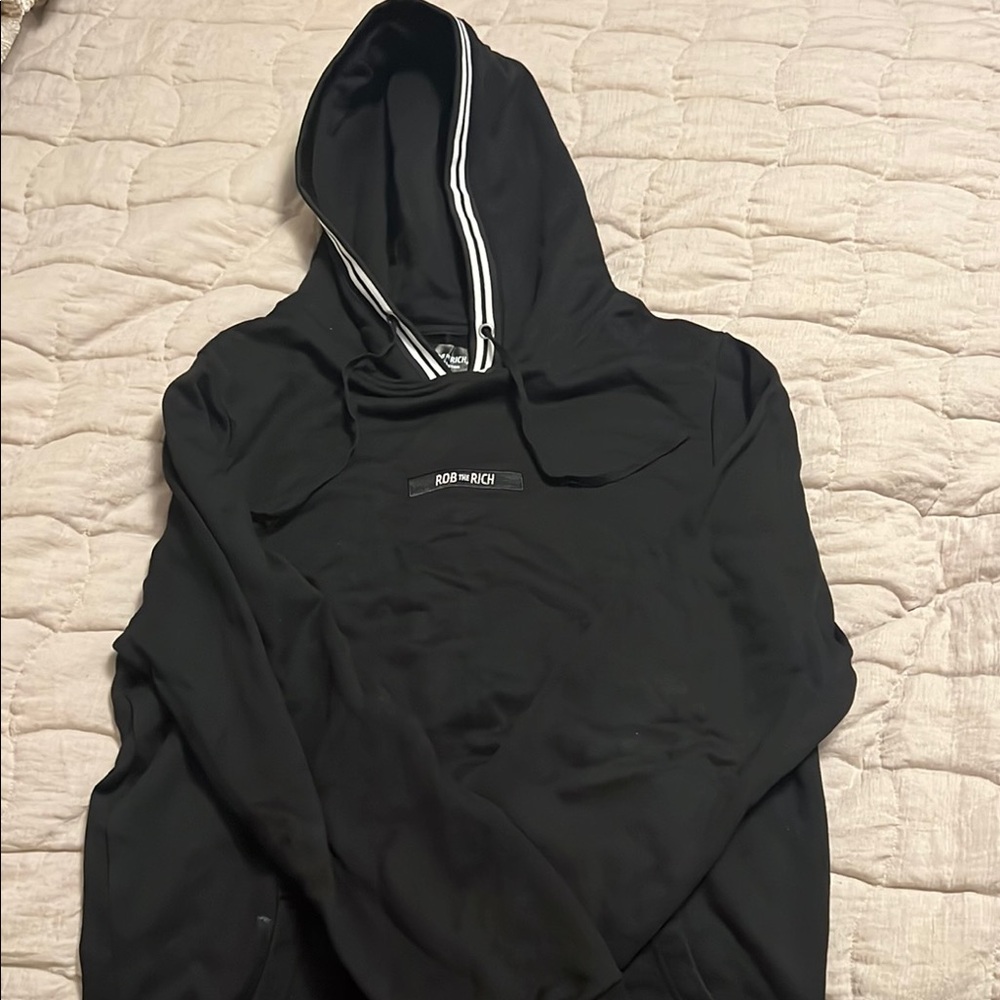 Black Hoodie with Striped Hood